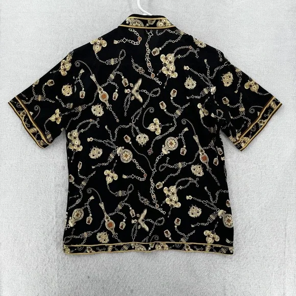 Jean Michel Polo Shirt Womens Medium Black Gold Chain Print Vintage 90s Designer - Picture 2 of 7